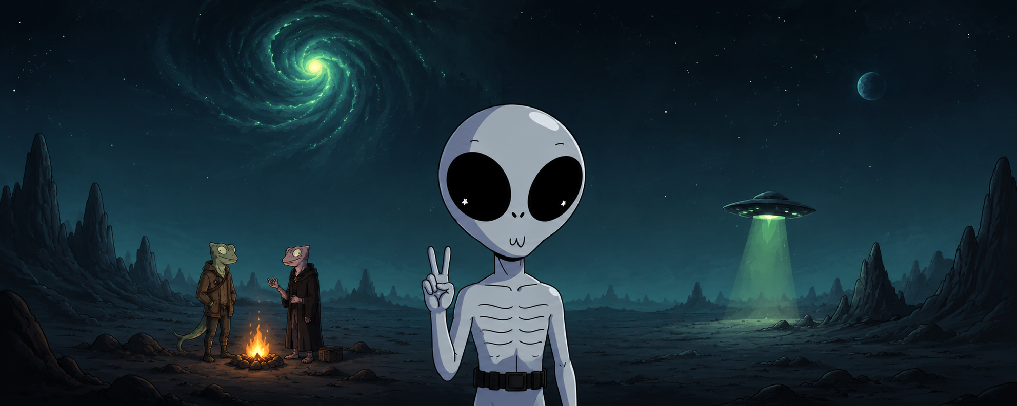 Zorpians, a lone Grey on an alien world beneath a green spiral galaxy