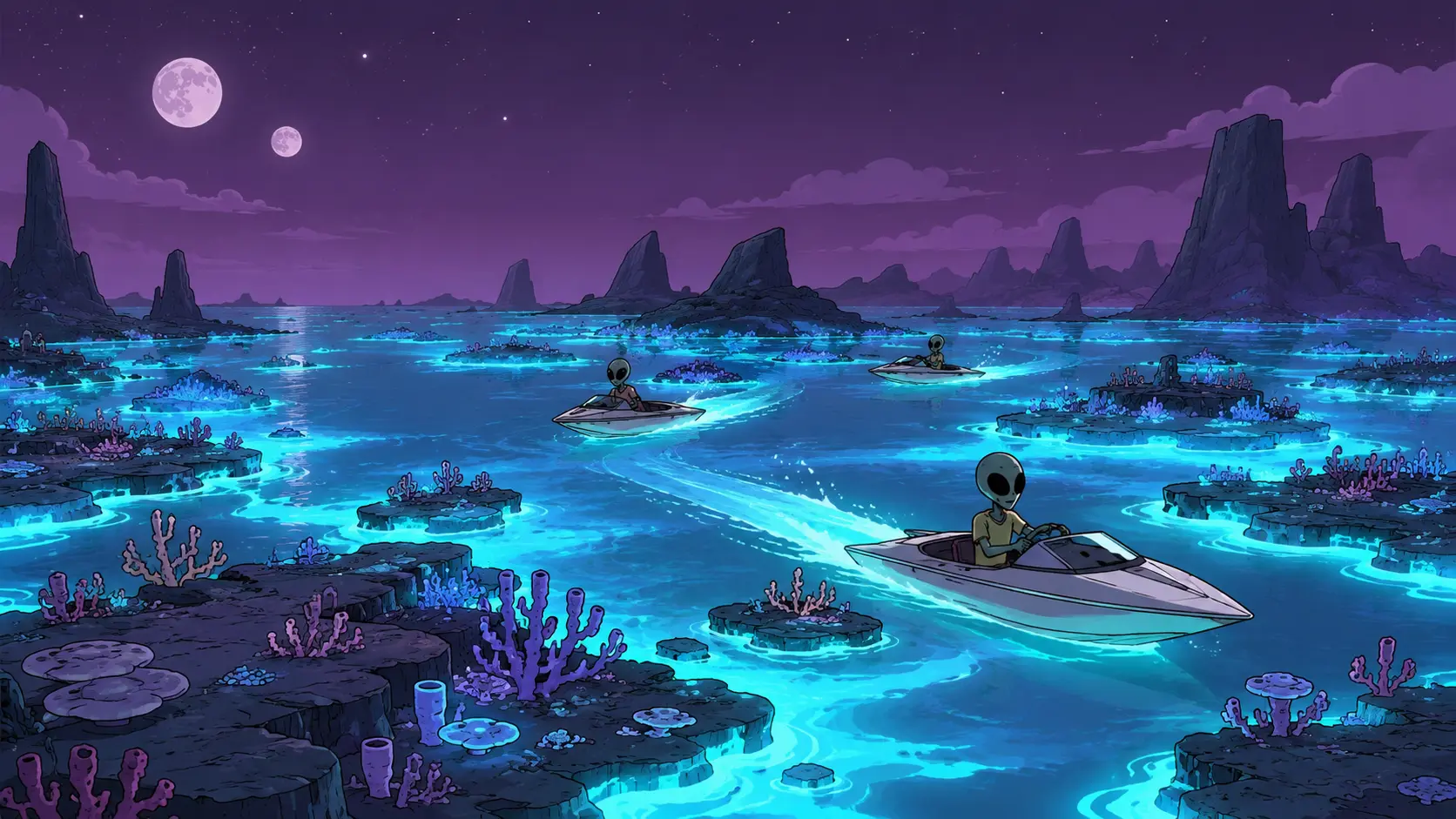 The Glow Reefs at night, speedboats between bioluminescent coral