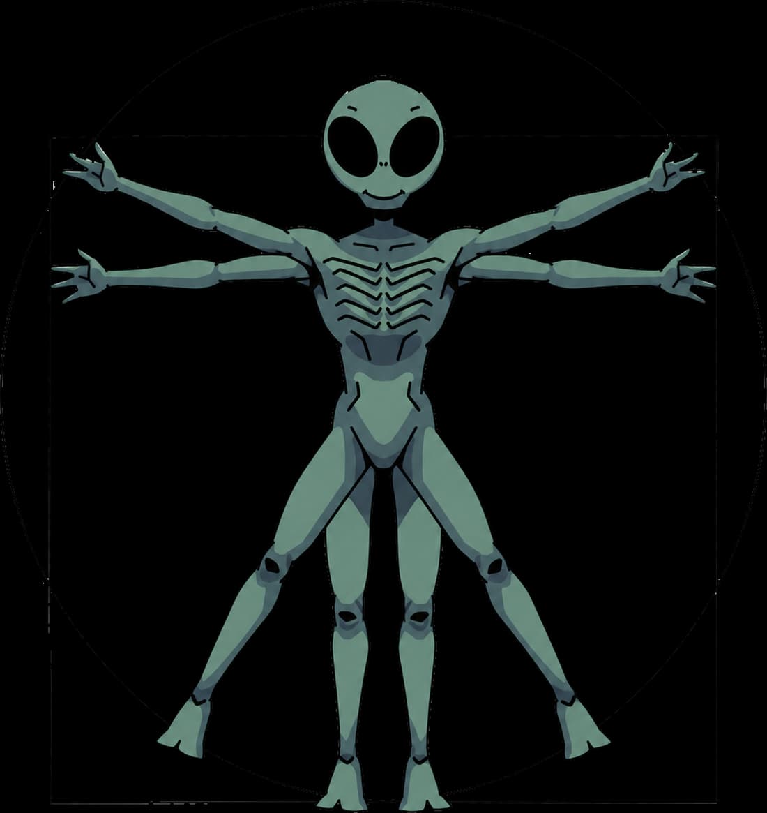 Anatomical plate of an adult Zorpian, drawn inside a circle and a square